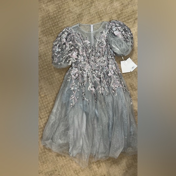 Mac Duggal 20475 Gray Puff Sleeve Glitter Embellished Dress - Picture 7 of 12